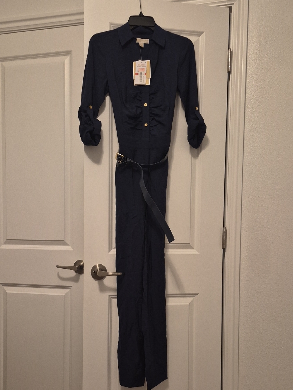 Michael Kors Dark Navy Collared Button Jumpsuit with Belt